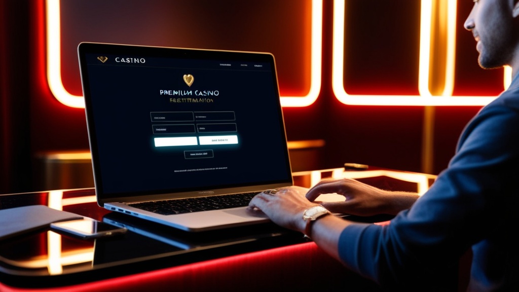 Modulo di registrazione Vulkan Vegas su laptop in ambiente casinò scuro